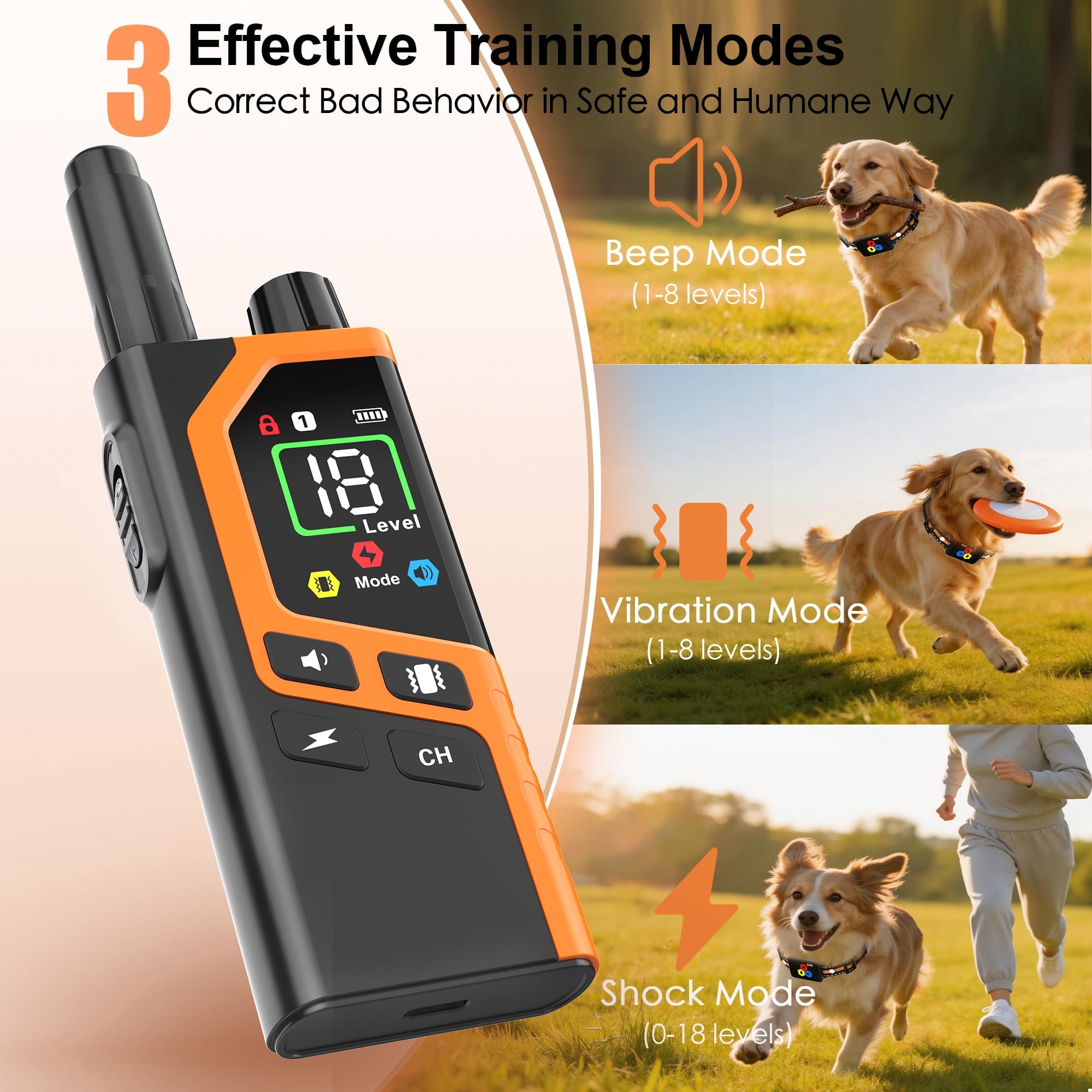 Shock Collar for Dogs, 3300FT Dog Shock Collar with Remote Control, 4 Adjustable Modes (Beep/Vibration/Shock/No Shock), Type-C Charging, LCD Screen Dog Training Collar with Safety Lock